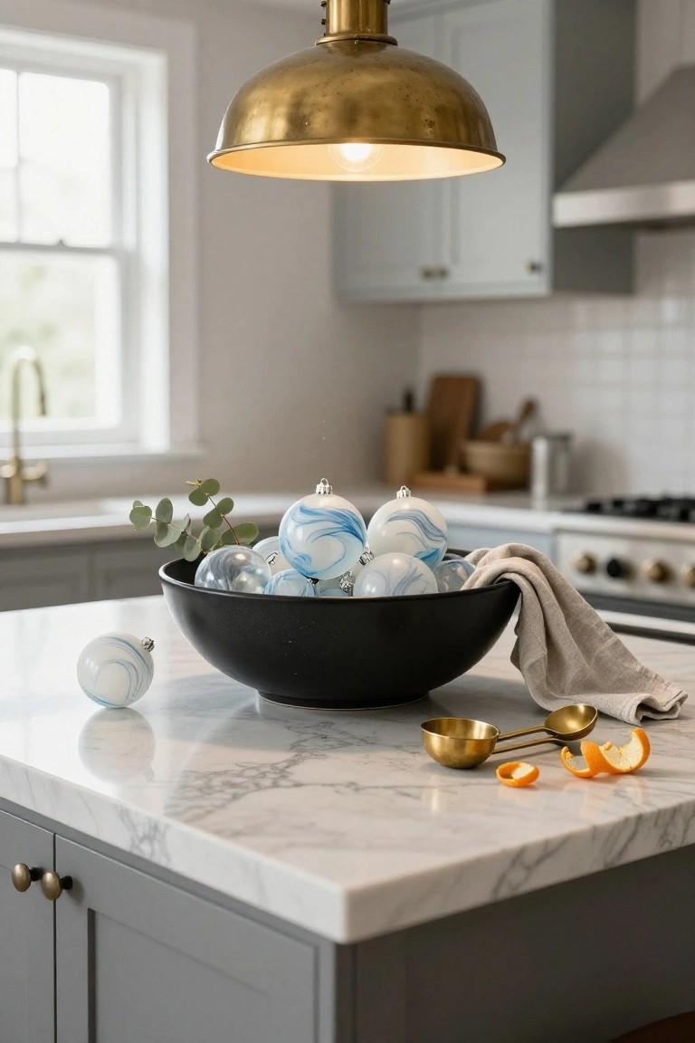 Black bowl on white marble kitchen island filled with blue and white marbled glass Christmas ornaments and eucalyptus leaves, with gold measuring spoons, orange peels, and a linen towel nearby.