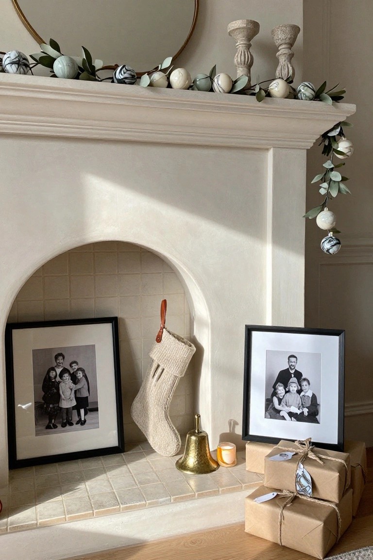 Beige arched fireplace mantel with garland of marbled and white egg-shaped ornaments and eucalyptus, flanked by black-framed family photos, knit stocking, brass bell, candle, and stacked brown wrapped gifts on tiled hearth.