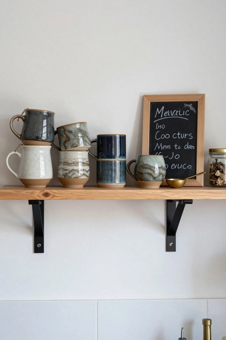 Wooden floating shelf on white kitchen wall displaying stacked and grouped ceramic mugs with marbled glazes in white, gray, green, and blue tones, a framed chalkboard sign, gold bowl with spoon, and jar of dried herbs.