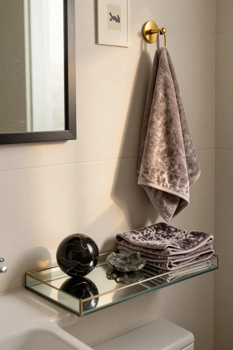 Glass shelf above a white sink and toilet in a light bathroom, displaying a black marbled sphere, clear crystal dish, and stacked gray patterned towels, with a gray towel hanging from a gold hook nearby.