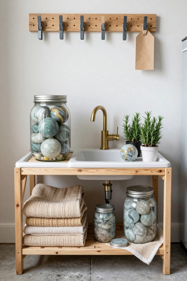 Wooden sink table with white basin and gold faucet, two large glass jars filled with blue and white marbled round ornaments, smaller jars on shelf, stacked beige towels, potted rosemary plants, and wooden peg rail on white wall.