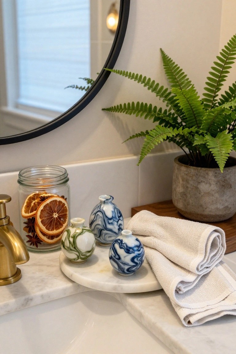 Bathroom countertop with gold faucet, marble tray holding three small marbled porcelain vases, glass jar of dried orange slices and star anise, folded white towel on wood board, potted fern plant, and round black mirror in background.