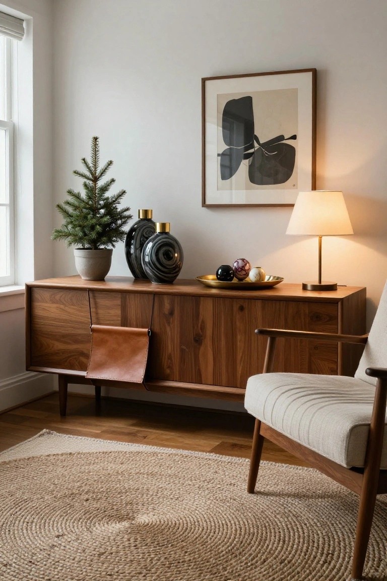 Wooden credenza in a light room with small potted Christmas tree, two black swirled glass vases, brass tray of colorful marbled glass ornaments, table lamp, abstract wall art, and nearby chair on round seagrass rug.