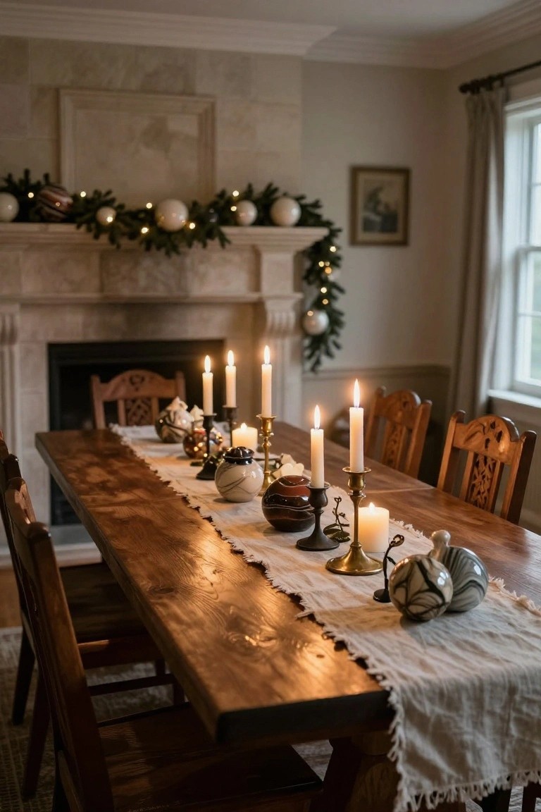 Wooden dining table with white runner, multiple lit candles in candlesticks, marbled spherical ornaments and gourds as centerpieces, flanked by wooden chairs in a room with stone fireplace and Christmas garland.