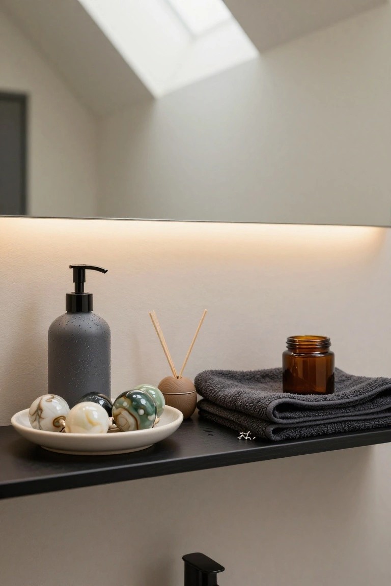 Black floating shelf in a light bathroom displaying white porcelain dish with multicolored marbled glass orbs, gray pump bottle, reed diffuser, small brown jar on gray towel, LED underlighting, black faucet below.