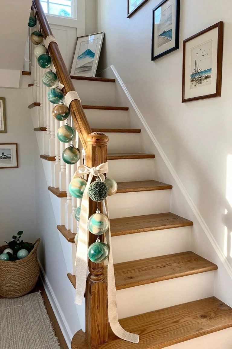 Wooden staircase banister decorated with hanging teal and cream marbled glass Christmas ornaments tied with beige ribbons, nautical framed artwork on white walls, and a woven basket of pale green speckled eggs at the base.