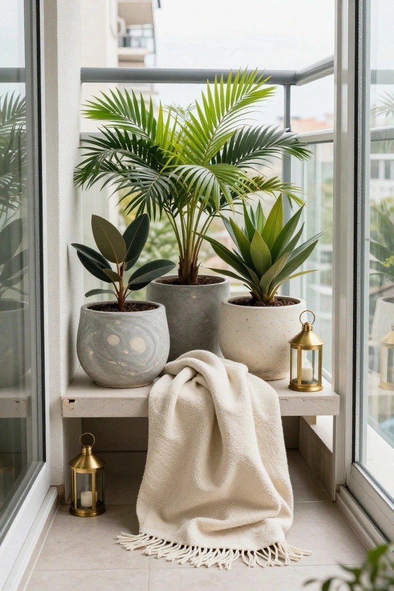 Balcony ledge with three marbled gray pots containing palm, rubber plant, and agave, a draped white knit throw on a bench, and brass lanterns nearby, viewed through open glass doors.