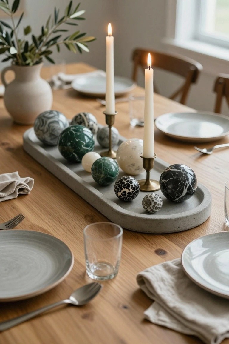Wooden dining table with gray plates, linen napkins, forks, spoons, a glass of water, and a central rectangular concrete tray holding various marbled spheres in green, white, gray, and black plus brass candlesticks with lit white candles.
