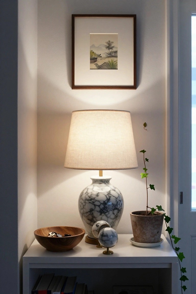 White open shelf in room corner holding wooden bowl with keys, lamp on marbled vase base, two marbled spheres on brass stands, potted ivy plant, with framed ink landscape painting above and books below.