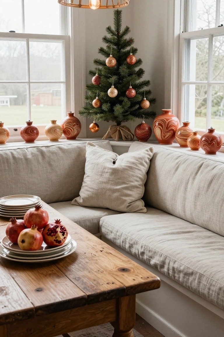 Cozy indoor window corner with beige linen bench seat, wooden table holding white plates and pomegranates, small Christmas tree with orange ornaments, and row of swirled marbled ceramic vases on the windowsill.