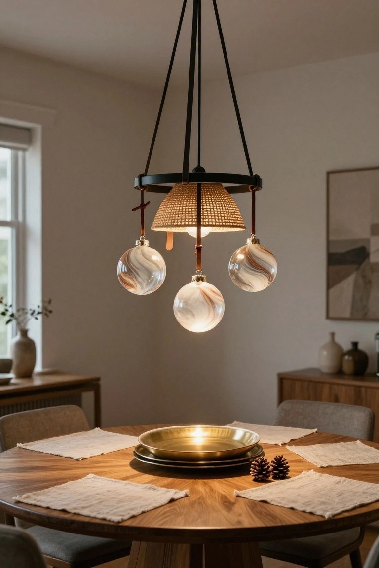 Rattan and black metal chandelier with three hanging marbled glass ornaments and a woven shade over a round wooden dining table set with white placemats, gold plate, and pinecones in a light room.