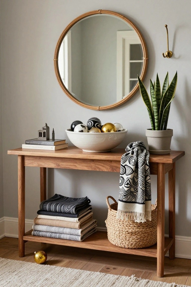 Wooden console table in a light gray room with a white bowl of black and white marbled ornaments mixed with gold baubles, books, small sculptures, snake plant in gray pot, stacked throws, and woven basket, under round rattan mirror.