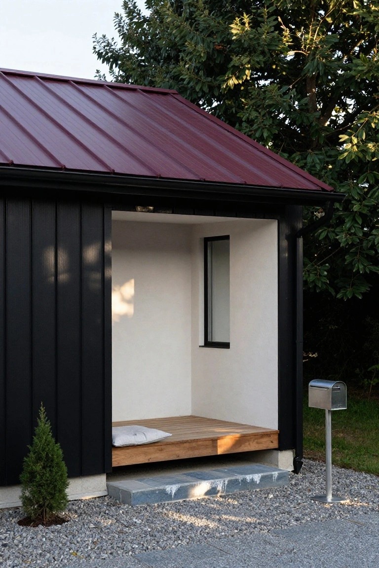 Small cabin structure with maroon metal roof, black vertical siding, open entrance revealing wooden platform and pillow, narrow window, small evergreen tree, stainless steel mailbox, and gravel ground.