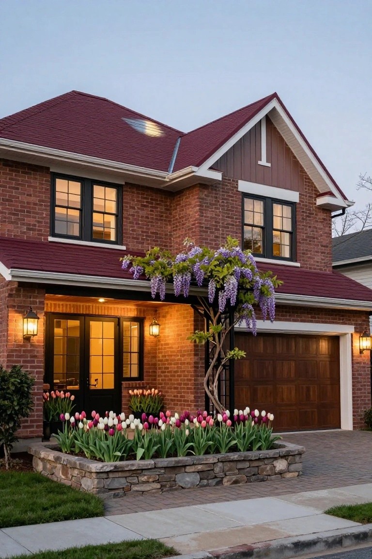Two-story brick house exterior with maroon metal gable roof, black-framed windows, wooden front door under a porch with purple wisteria vine, tulip flower bed in stone-edged planter, wooden garage door, and landscape lighting at dusk.