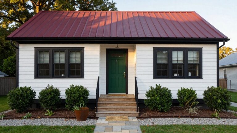 24 Maroon Metal Roof House Colors Ideas Small white clapboard house with maroon metal gable roof, black window trim, green front door on a wooden porch with iron railing, flanked by boxwood shrubs and a flagstone path through gravel and grass.