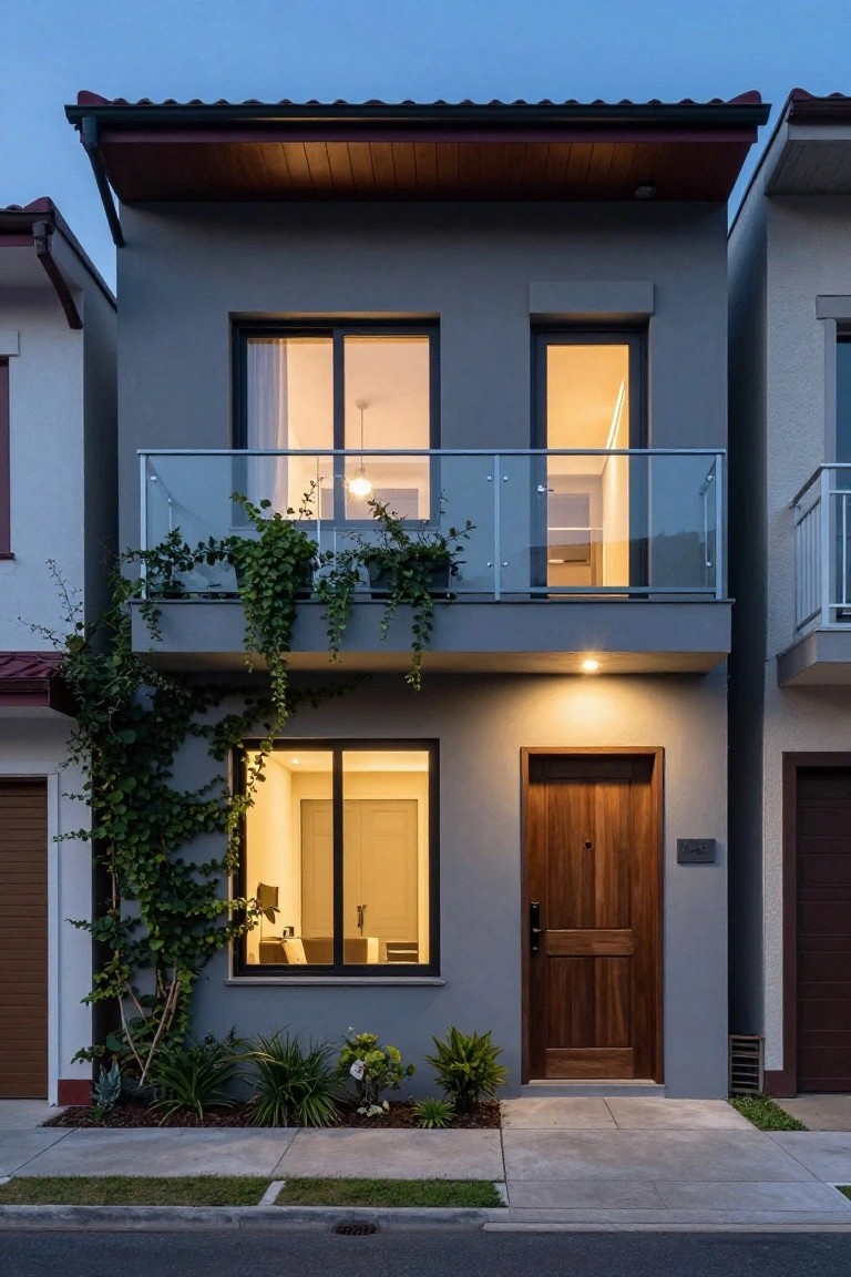 Two-story modern house with gray siding, maroon tiled roof, glass balcony with hanging plants, wooden front door, ivy on the side, front landscaping, and lit windows at dusk beside neighboring homes.