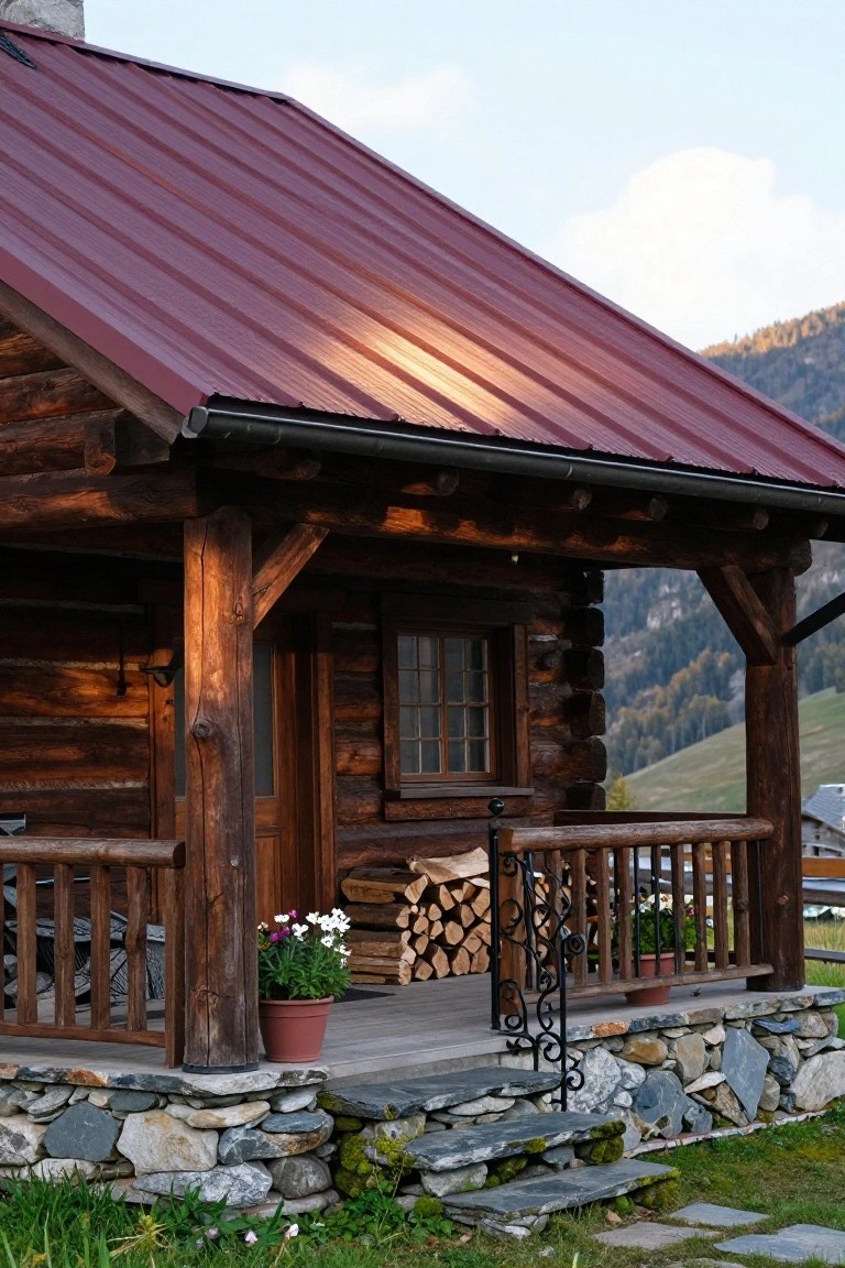 Log cabin with maroon metal roof, dark wood log walls, covered porch with railing, stack of firewood, potted flowers, stone foundation, and mountain landscape in background.