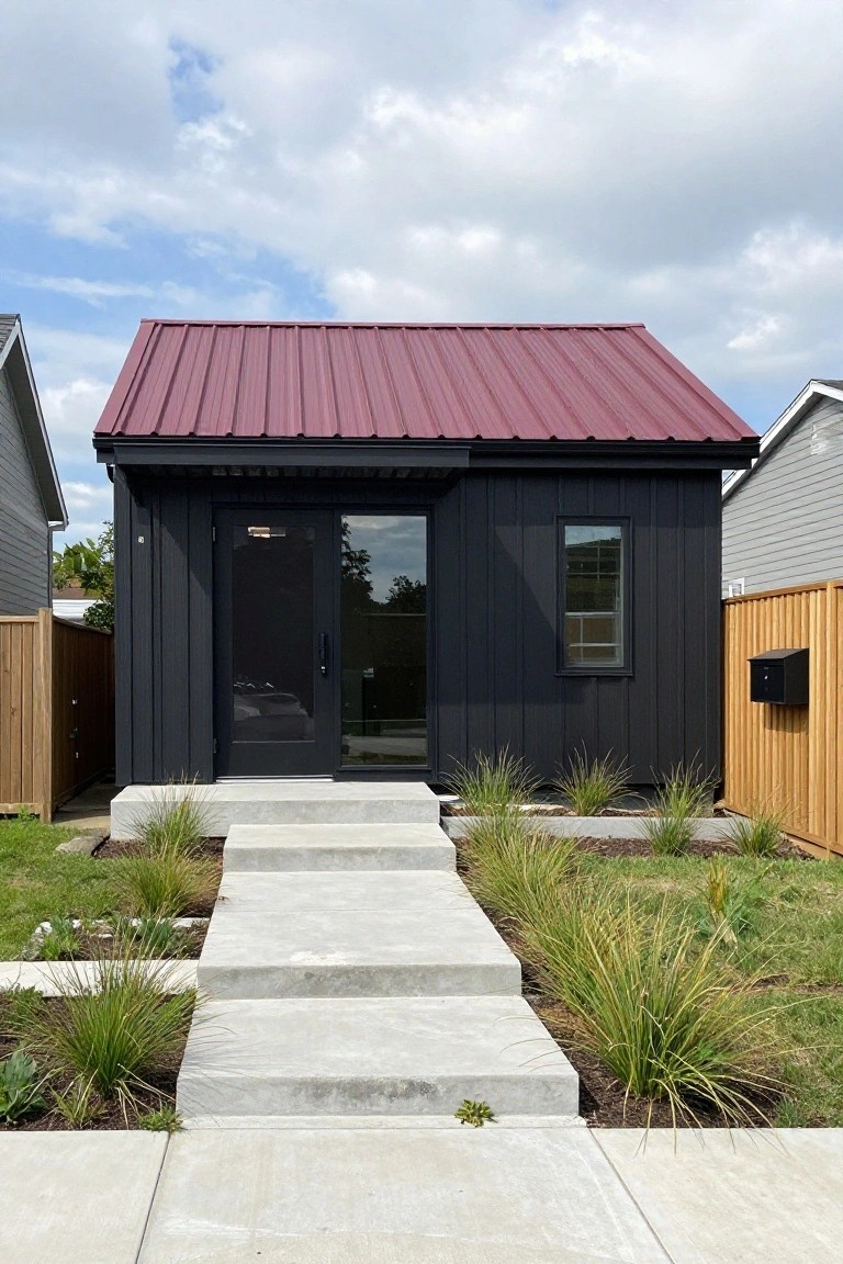 Small black vertical board-and-batten house with maroon metal gable roof, black-framed glass entry door, single side window, concrete entry steps, ornamental grasses, and wood fence in front yard next to neighboring homes.
