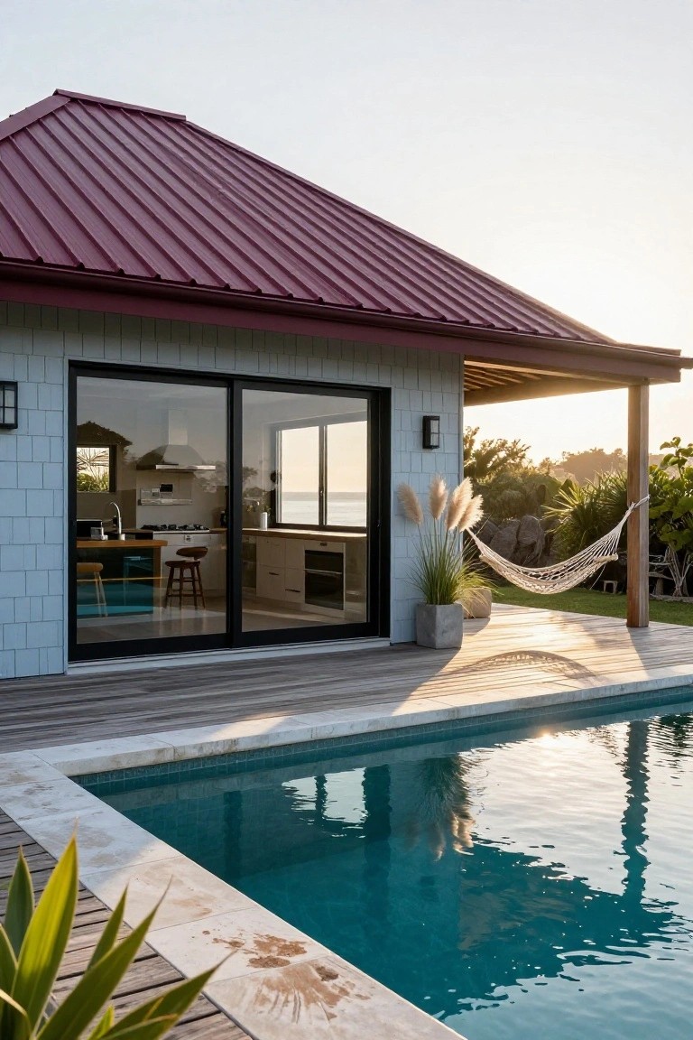 Light blue clapboard house with maroon metal roof, large pampas grass planter by sliding glass doors, outdoor kitchen under pergola with hammock, and turquoise pool on wooden deck surrounded by grass and shrubs.
