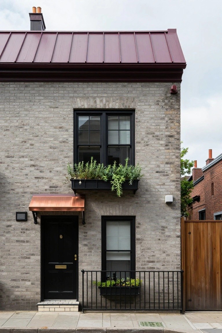 Two-story light gray brick house with maroon standing-seam metal roof, black-framed windows, black front door under copper awning, herb window box above door, flower box on railing, and adjacent wooden fence on a paved street.