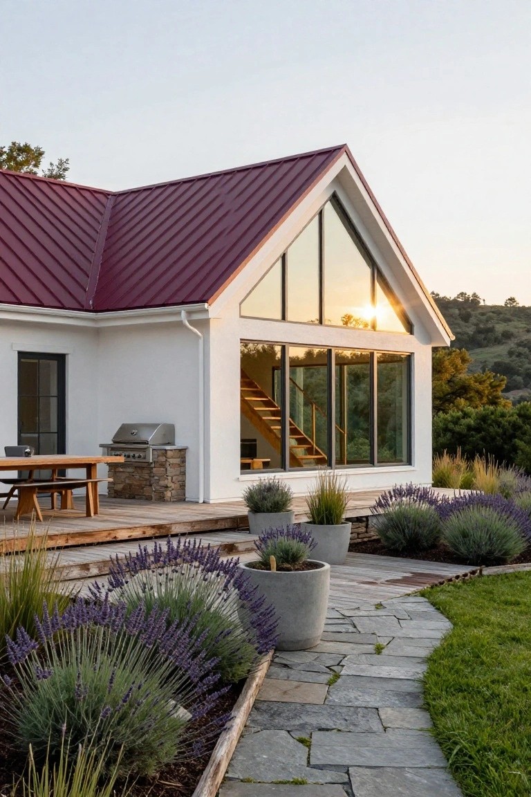 White modern house with maroon metal roof, large triangular glass window and wooden stairs visible inside, wooden deck with grill stone base dining table and benches, lavender plants in concrete pots, stone path and grassy edge beside hills at sunset