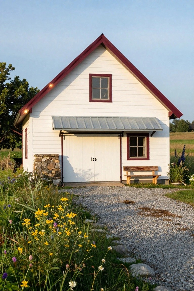 White clapboard house with maroon gabled roof, metal awning over garage door marked 12, stone pillar support, wooden bench, gravel path edged with stones, wildflowers, trees, and fields under blue sky.