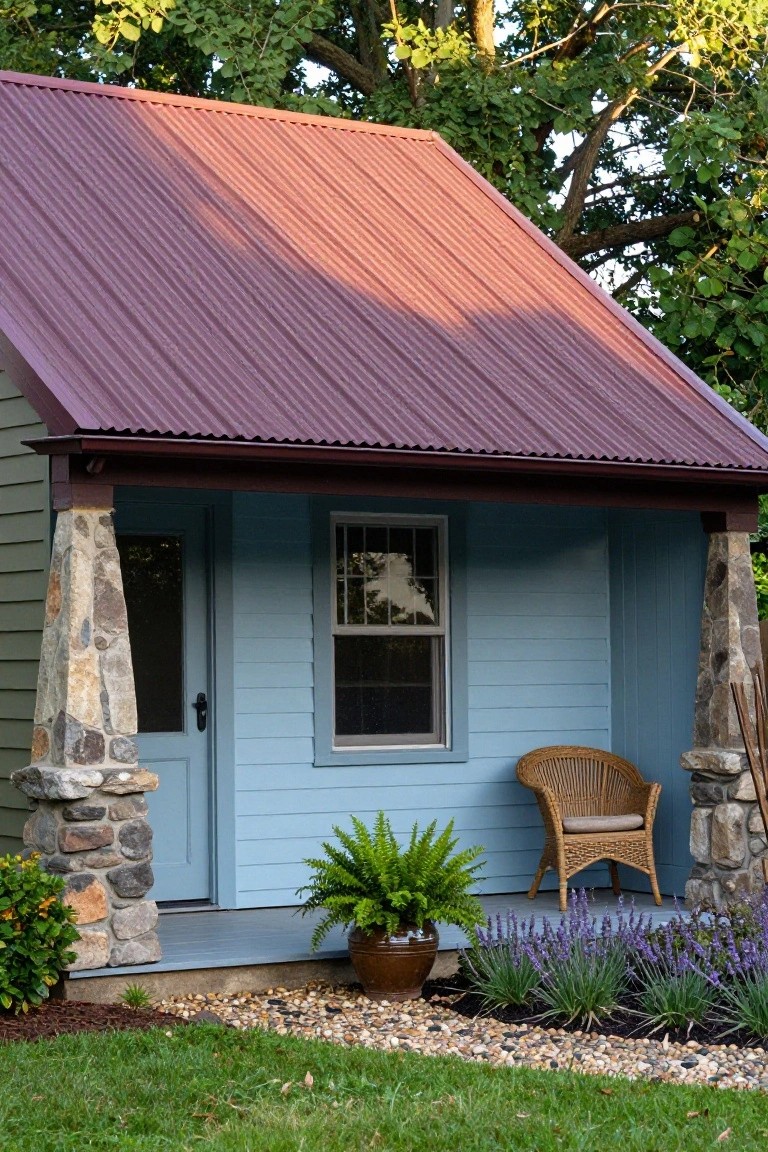 Small light blue clapboard house with maroon corrugated metal roof, wooden porch supported by stone pillars, wicker armchair, potted fern, lavender plants, gravel path, and surrounding grass and trees.