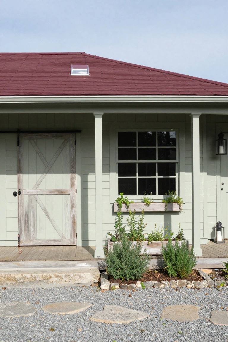House exterior featuring a maroon metal roof, sage green siding, sliding barn door, window box with herbs, porch light, and gravel ground with stone path.