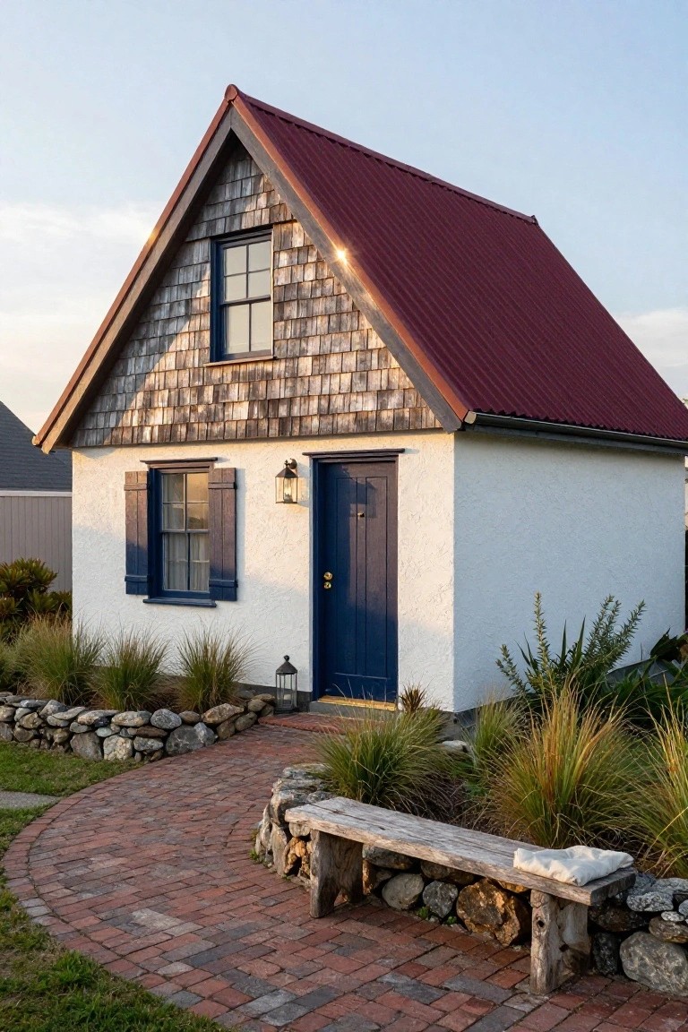 Small white stucco cottage with gabled maroon metal roof, cedar shingle accents, blue front door, brick pathway, wooden bench, and surrounding grasses and stone walls.