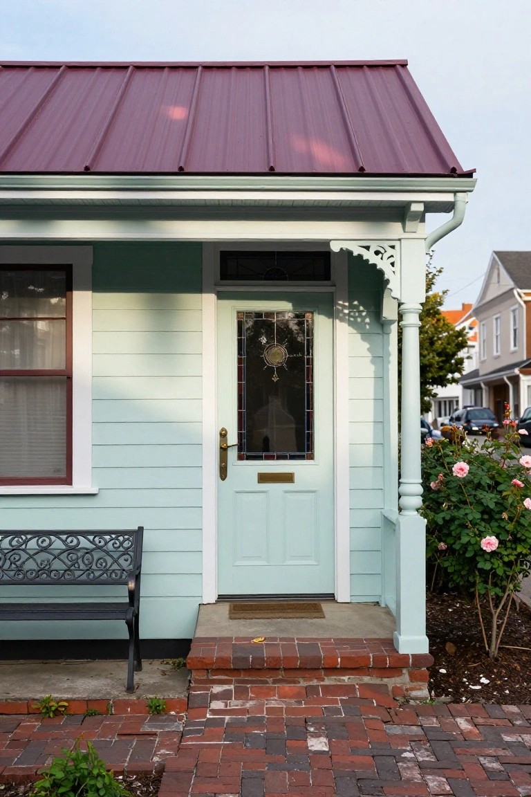 Mint green house with a burgundy metal roof, decorative porch, and rose bushes.