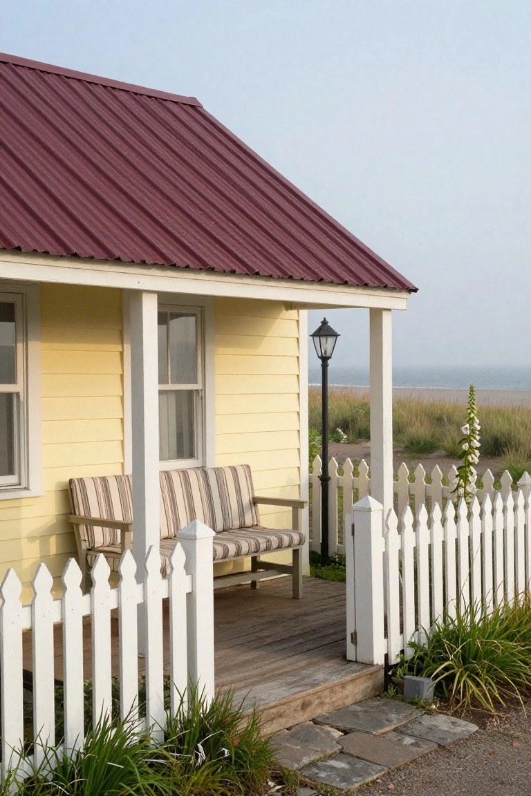 Pale yellow clapboard house with maroon corrugated metal roof, white porch with striped bench, black lamp post, white picket fence, beach grasses, and ocean view.