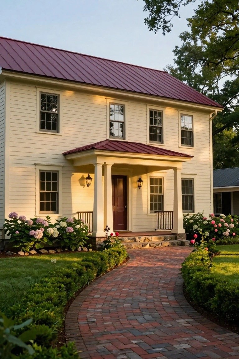 Two-story pale yellow clapboard house with maroon standing-seam metal roof, covered front porch with columns, dark wood door, white-trimmed windows, brick walkway, and hydrangea and boxwood plantings.