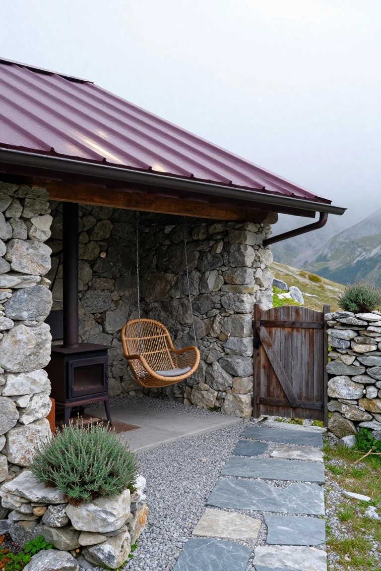 Stone-walled cabin exterior featuring a maroon corrugated metal roof, covered porch with rattan hanging swing chair and wood stove, wooden gate, stone path, and lavender plant in a misty mountainous setting.