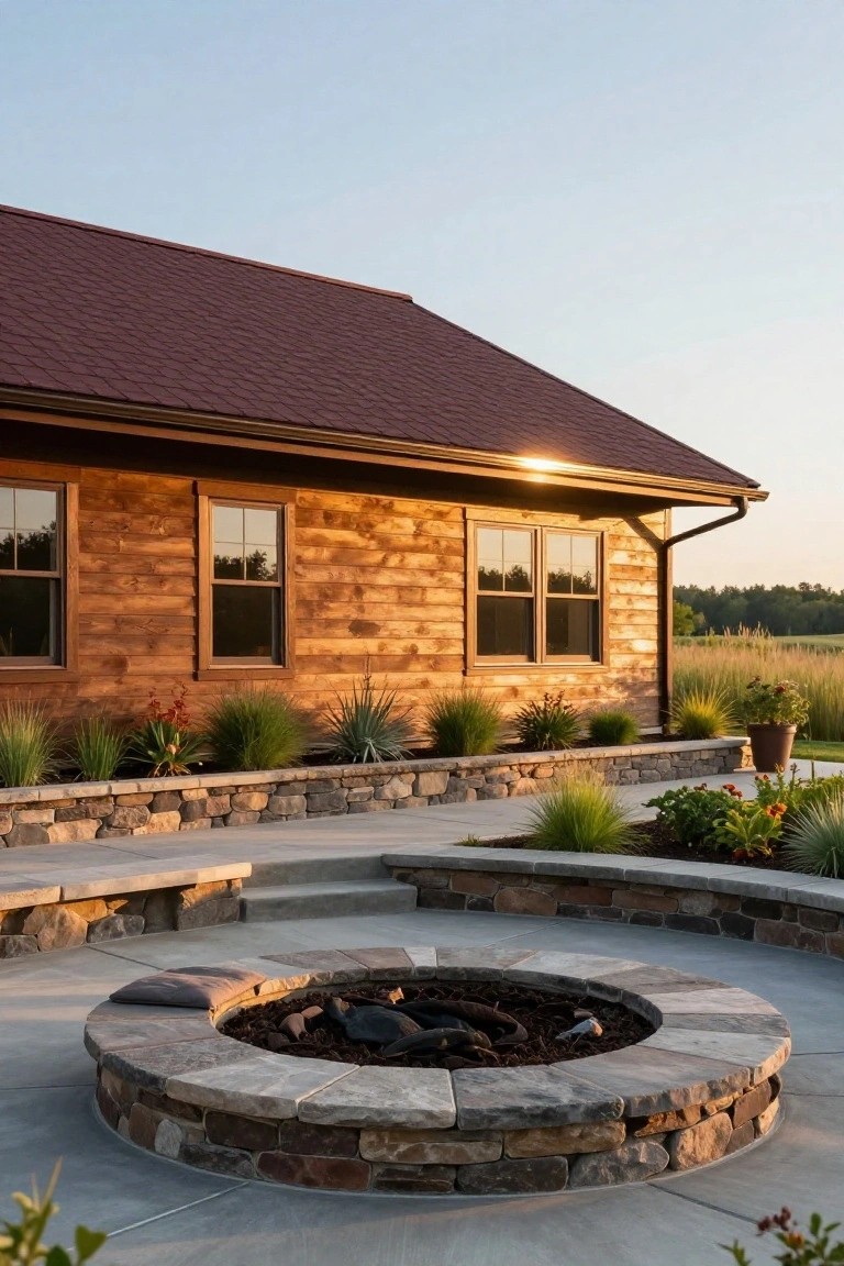 Wood-sided house with maroon metal roof next to a circular stone fire pit on concrete patio with built-in stone benches, steps, and surrounding plants and stone retaining walls.
