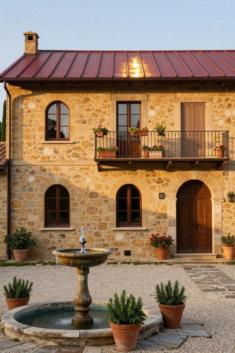 Two-story beige stone house with maroon standing-seam metal roof, arched wooden door and windows, second-floor balcony with flower boxes, and stone fountain in gravel courtyard surrounded by potted plants.
