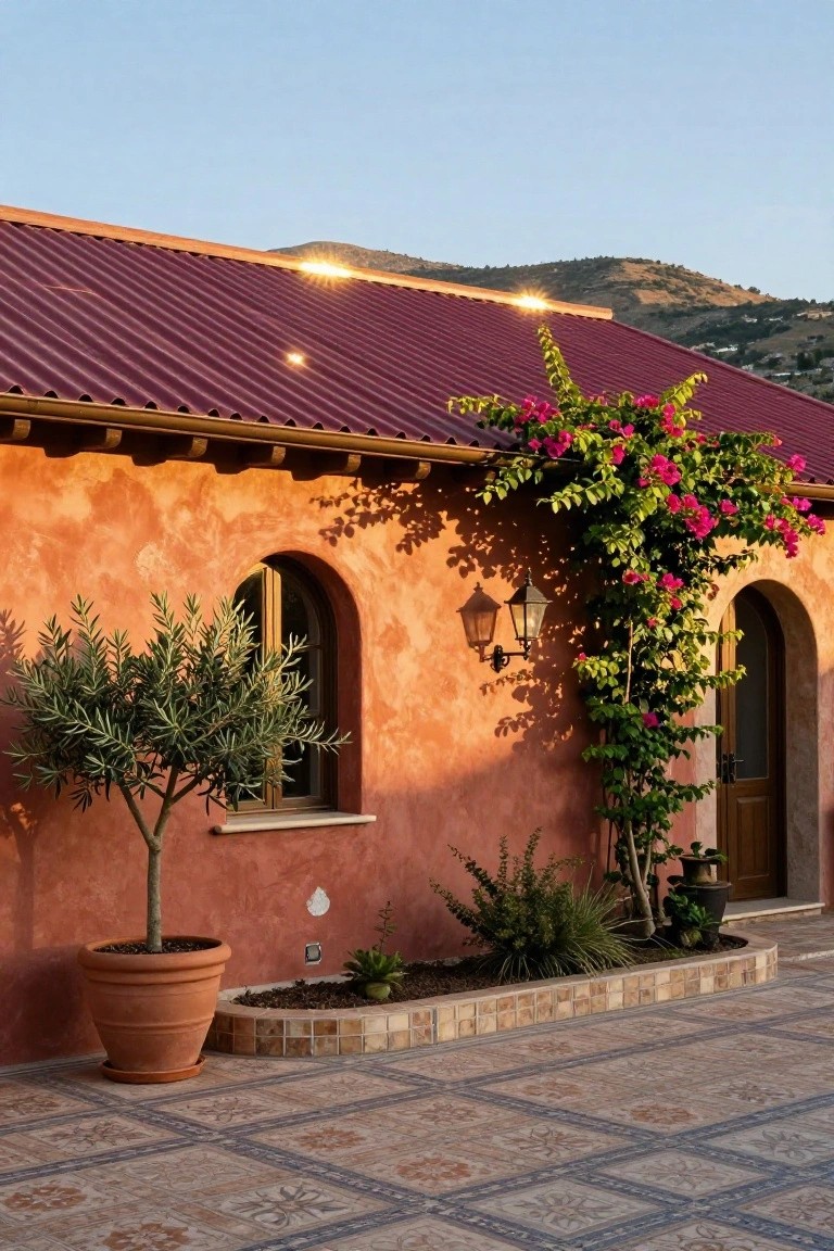 Terracotta stucco house exterior with maroon metal roof, arched window and door, wall lantern, climbing pink bougainvillea, potted olive tree, planter bed, and patterned tile patio against hillside backdrop at sunset.