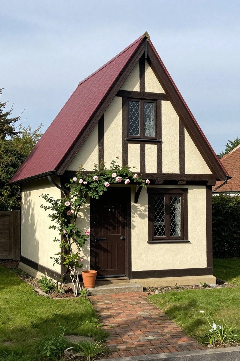 Small Tudor-style house with cream stucco walls, dark timber framing, steep maroon metal roof, pink climbing roses on the corner by the dark wood door, brick path, potted plant, and grassy yard.
