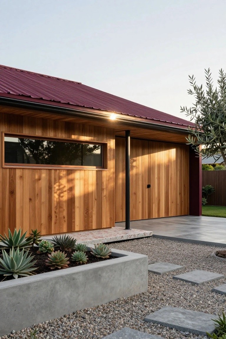 Side view of a modern garage with vertical cedar wood cladding, maroon corrugated metal roof, slim horizontal window, wooden double doors, metal post, concrete planter filled with succulents, gravel ground cover, stone pavers, and olive tree in the background.