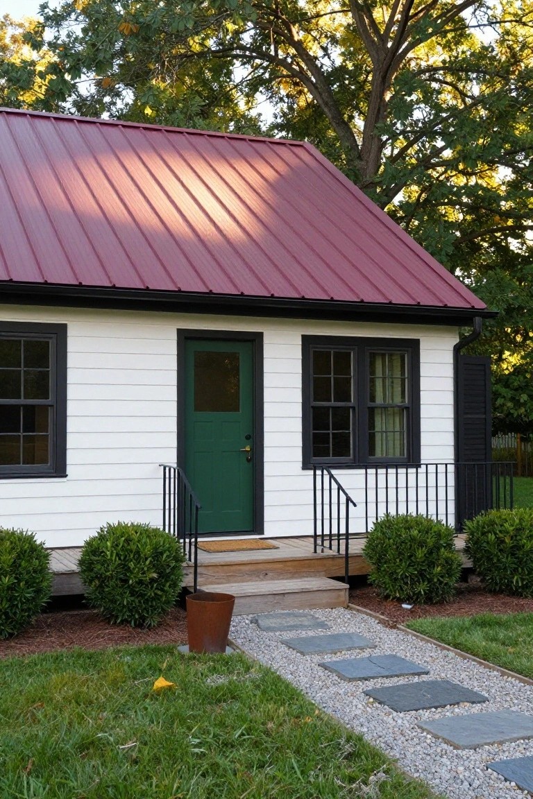 Small white clapboard house with maroon metal gable roof, black window trim, green front door on a wooden porch with iron railing, flanked by boxwood shrubs and a flagstone path through gravel and grass.