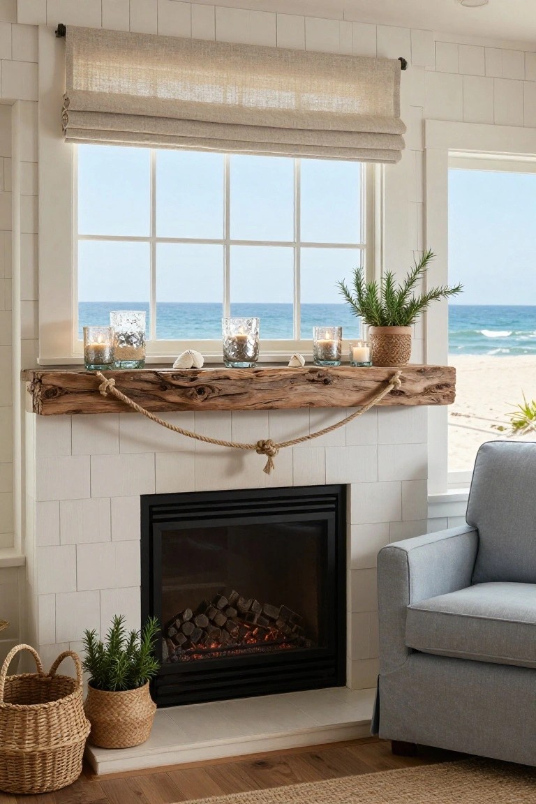 White brick fireplace with driftwood mantel shelf holding mercury glass votives, seashells, rope garland, and plants, viewed from a living room with ocean window and blue chair nearby.