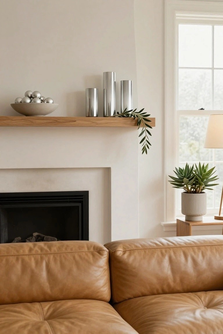 Wooden mantel shelf over a white fireplace holds a beige bowl of silver balls, two silver cylinders, and olive branches, with tan leather sofas, a potted succulent, and window in a light room.