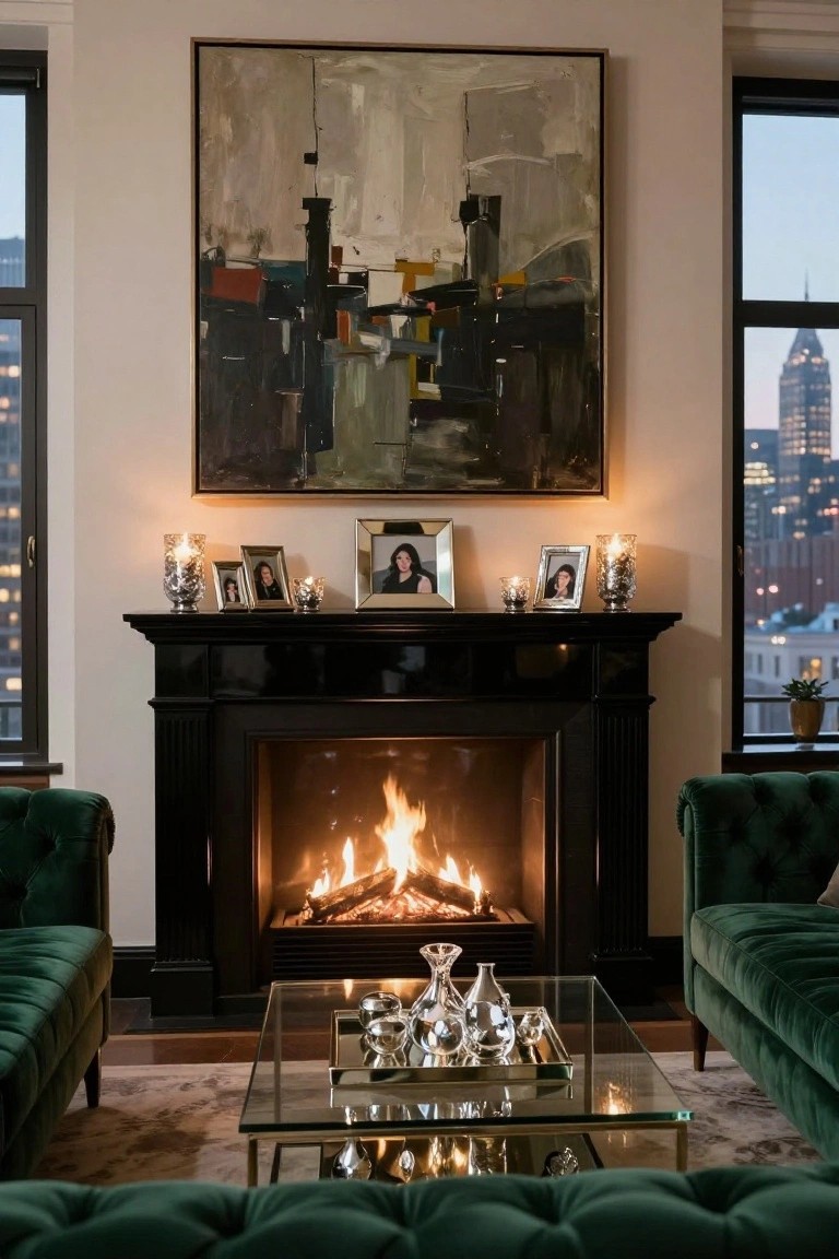 Living room fireplace mantel with mercury glass candle holders, small candles, and framed photos on a black wood surface above a burning fire, flanked by green velvet sofas and a glass coffee table with decanters, with city skyline visible through windows.