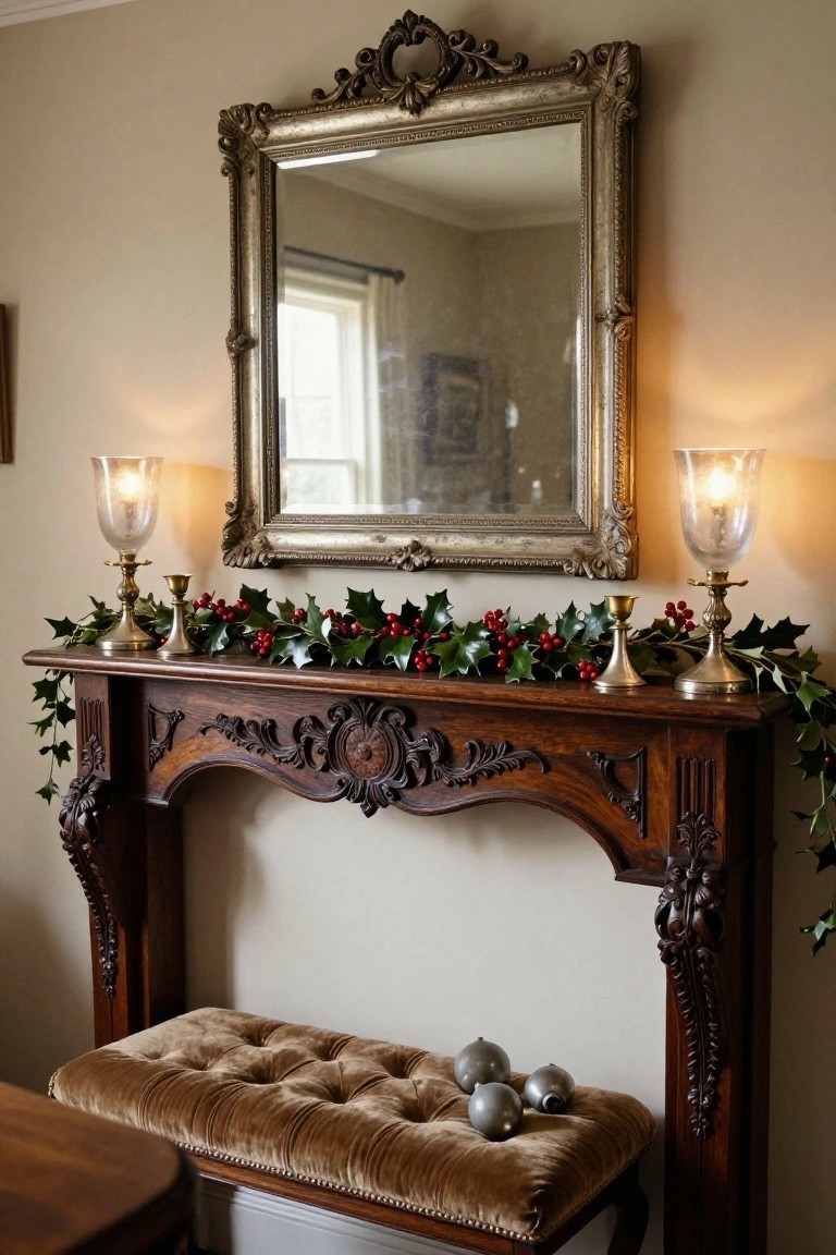 Ornate wooden fireplace mantel decorated with holly garland and red berries, brass candlesticks with mercury glass shades, small brass candle holders, and two silver mercury glass ornaments on a tufted beige bench in front, with a large antique silver mirror mounted above.