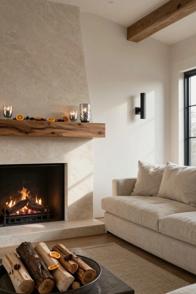 Beige stone fireplace with live-edge wooden mantle holding mercury glass votives, dried oranges, and star anise, next to a cream linen sofa and a tray of firewood on the floor.