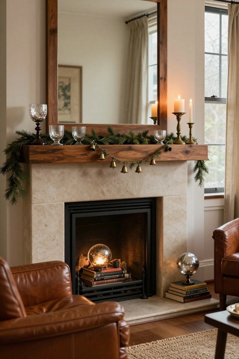 Cozy living room with Christmas-decorated wooden mantel over stone fireplace, featuring evergreen garland, bells, candles, and glassware, plus lit glass orb and silver orb on books by the hearth, leather armchairs, and side table nearby.