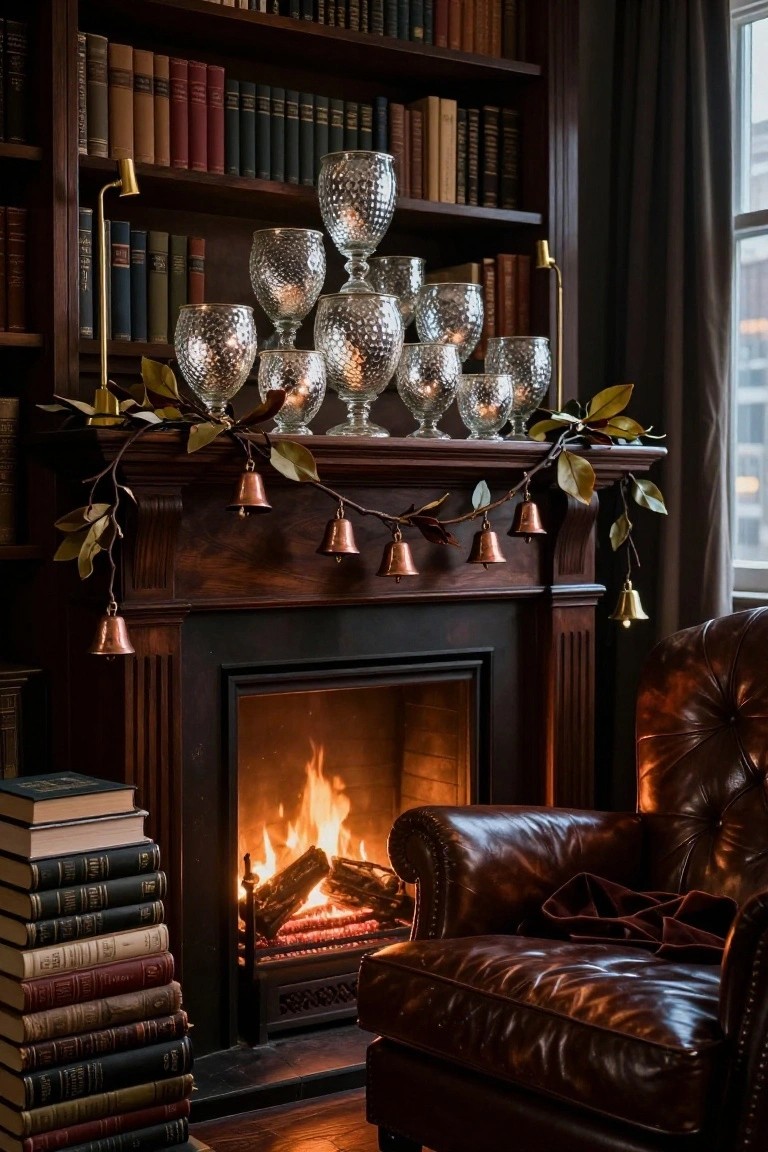Wood-paneled library room with bookshelves, a fireplace mantel holding clustered mercury glass goblets with candles, magnolia garland and copper bells, stacked books by the fire, and a leather armchair.