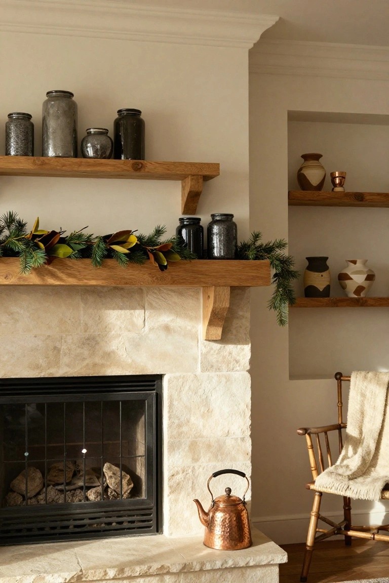 Cozy living room with a stone fireplace, wooden shelves, and vintage decor.