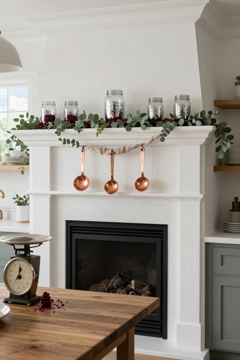 White fireplace mantel decorated with clustered mason jars containing red berries and eucalyptus, copper ladles hanging from a fabric garland above the fireplace, wooden kitchen table with scale in foreground.
