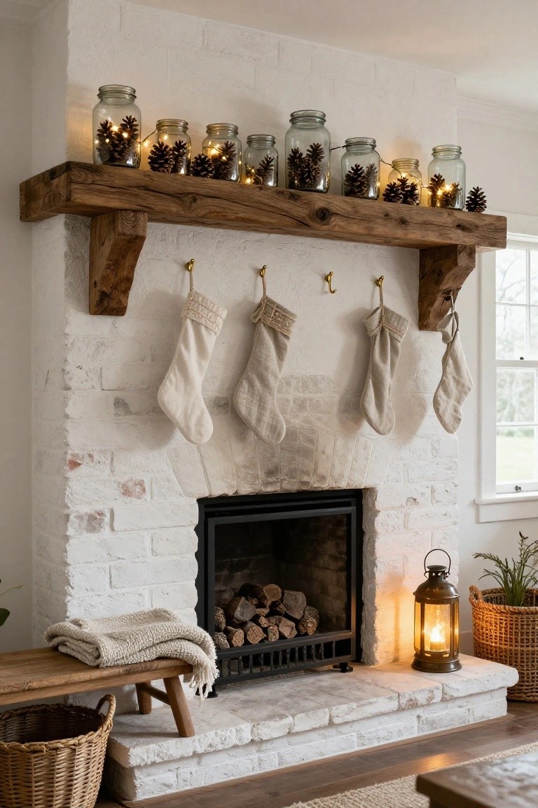 Rustic wooden shelf mantel above white brick fireplace holds several mercury glass jars with pinecones and fairy lights, white fabric stockings hang from hooks, wood bench with blanket and lantern sit in front.
