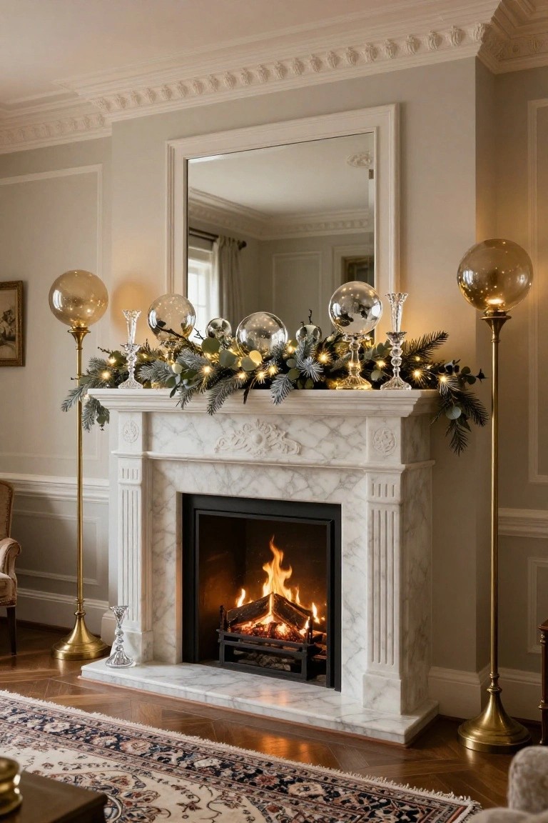 White marble fireplace mantel decorated with blue spruce garland, eucalyptus leaves, fairy lights, glass ornaments, and candlesticks, flanked by tall gold pedestal lamps with large mercury glass orb shades in a light gray paneled room with parquet flooring.